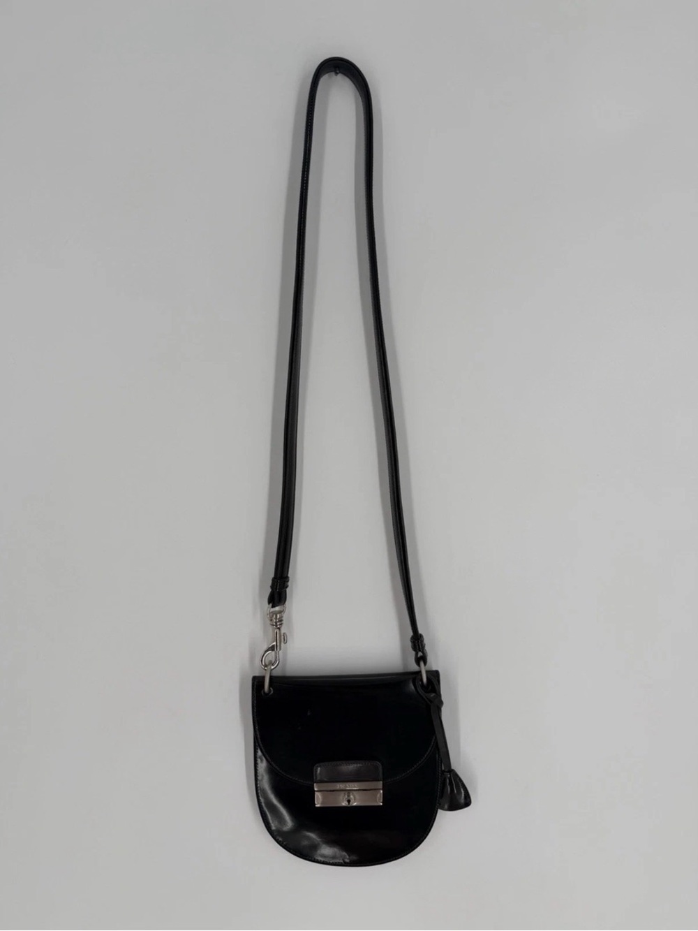 Vintage Prada Black Patent Leather Flap Clasp Lock Closure Small Bag